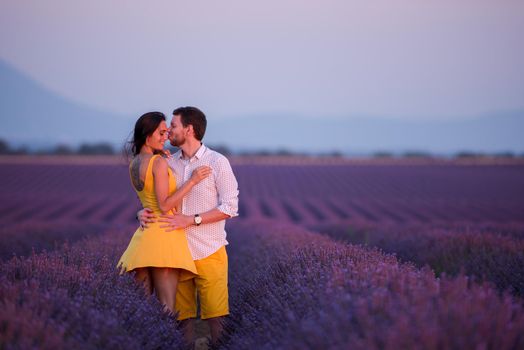 young loving couple having romantic time hugging and kissing on purple lavender flower field in sunset