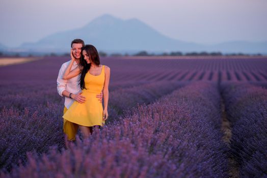 young loving couple having romantic time hugging and kissing on purple lavender flower field in sunset