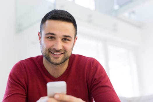 Handsome casual young man using a mobile phone at  home