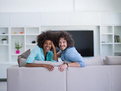 Young multiethnic couple sitting on a sofa in the luxury living room