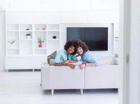 Young multiethnic couple sitting on a sofa in the luxury living room