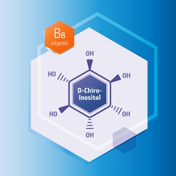 D-chiro-inositol formula vector icon on blue background. Inositol vitamin B8 medical illustration inside abstract hexagonal shape.