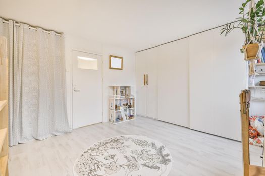 Cozy room with a large wall-to-wall wardrobe and a round rug