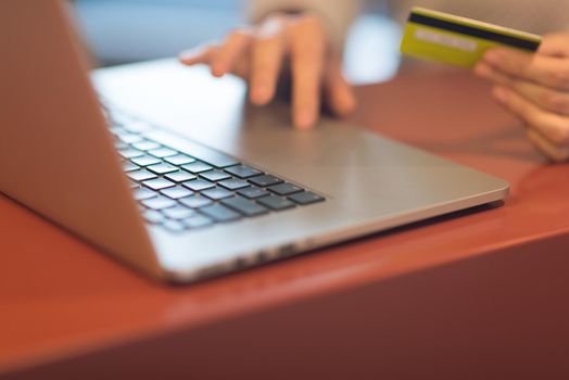 Young woman holding credit card and using laptop computer. Online shopping concept