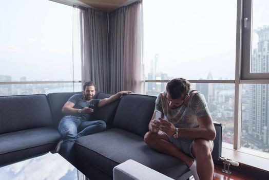 Handsome casual young men using a mobile phones  near the window at home