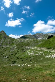 Mountain landscape. Alps with green grass and bright blue sky. Idyllic panorama. Tourism concept. Hiking. Vacation in Europe. Relax in the open air and the spirit of adventure. Ecology of nature.