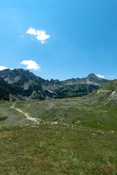 Mountain landscape. Alps with green grass and bright blue sky. Idyllic panorama. Tourism concept. Hiking. Vacation in Europe. Relax in the open air and the spirit of adventure. Ecology of nature.