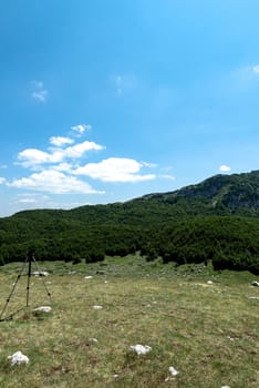 Mountain landscape. Alps with green grass and bright blue sky. Idyllic panorama. Tourism concept. Hiking. Vacation in Europe. Relax in the open air and the spirit of adventure. Ecology of nature.