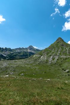 Mountain landscape. Alps with green grass and bright blue sky. Idyllic panorama. Tourism concept. Hiking. Vacation in Europe. Relax in the open air and the spirit of adventure. Ecology of nature.