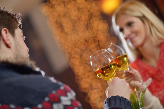 romantic evening date in restaurant  happy young couple with wine glass tea and cake