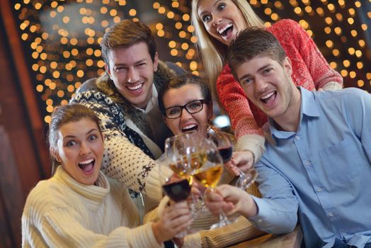 Group of happy young people drink wine at party disco restaurant