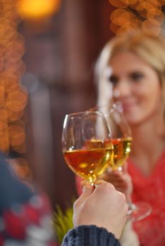 romantic evening date in restaurant  happy young couple with wine glass tea and cake