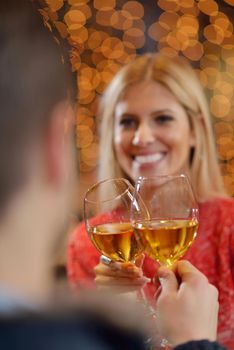 romantic evening date in restaurant  happy young couple with wine glass tea and cake