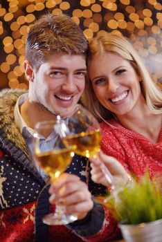 romantic evening date in restaurant  happy young couple with wine glass tea and cake