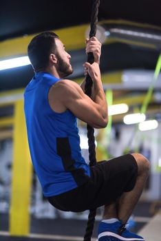 young muscular man doing rope climbing in cross fitness gym