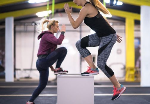 group of young healthy athletic people training jumping on fit box at cross fitness gym