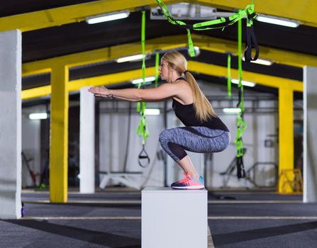 young athletic woman training  jumping on fit box at crossfitness gym