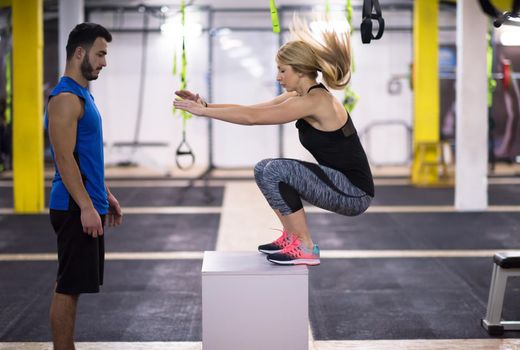 young athletic woman training with personal trainer  jumping on fit box at cross fitness gym