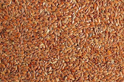 Closeup detail photo of flax (Linum usitatissimum) seeds heap, shot from above.