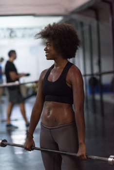 Young Cute african american sport woman in fitness room lifting empty bar