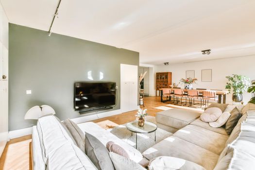 Stylish living room with a large comfortable sofa combined with a dining room