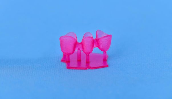 plastic mold for different types of dental tooth crowns isolated on blue background