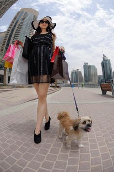 beautiful woman goes in shopping in the city