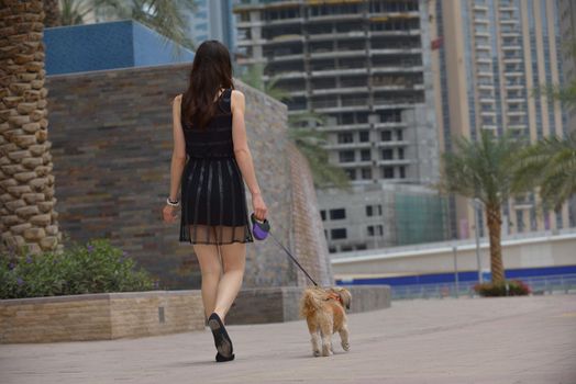 beautiful happy young  woman in black dress with cute small dog puppy have fun on street