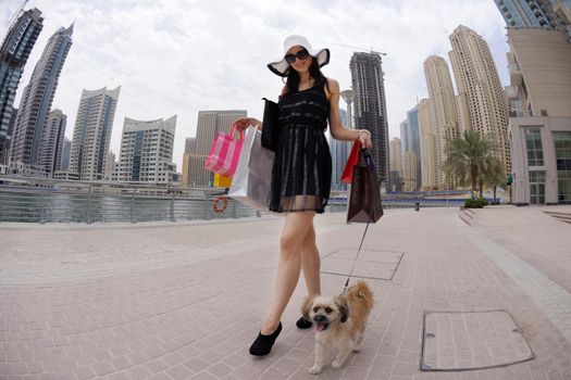 beautiful woman goes in shopping in the city