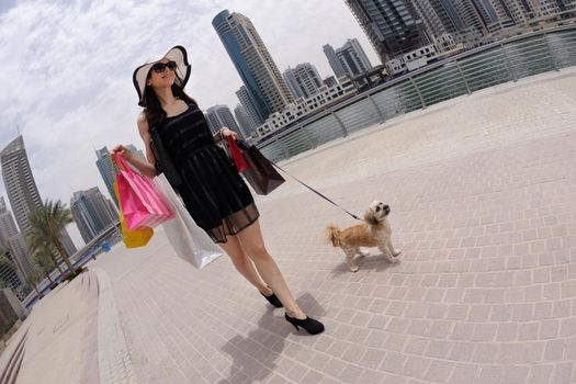 beautiful woman goes in shopping in the city