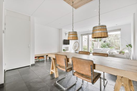 Modern dining room interior with stylish table
