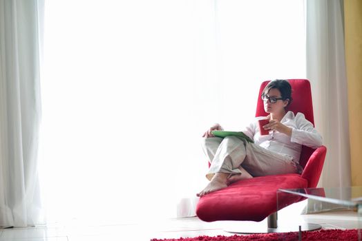 Young woman at home relaxing in her lliving room reading a digital tablet PC surf internet and work