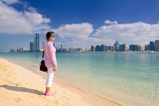 beautiful young woman tourist in dubai and abu dhabi  at vacation and travel trip