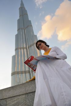beautiful young woman tourist in dubai and abu dhabi  at vacation and travel trip