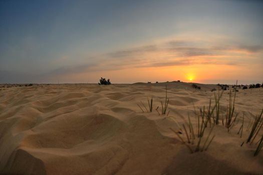 sunset with blue sky and clouds over sand dunes in sahara desert