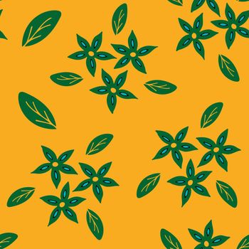 Seamless Repeat Pattern with Flowers and Leaves on Yellow background. Hand drawn fabric, gift wrap, wall art design.