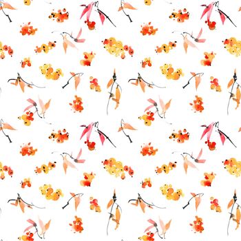 Watercolor seamless pattern - grassy plants with leaves and berries. Sumi-e art.