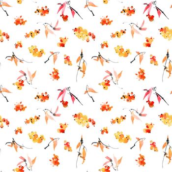 Watercolor seamless pattern - grassy plants with leaves and berries. Sumi-e art.