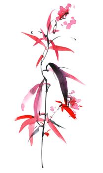 Watercolor and ink illustration - blossom plant with leaves, pink flowers and buds. Sumi-e art.