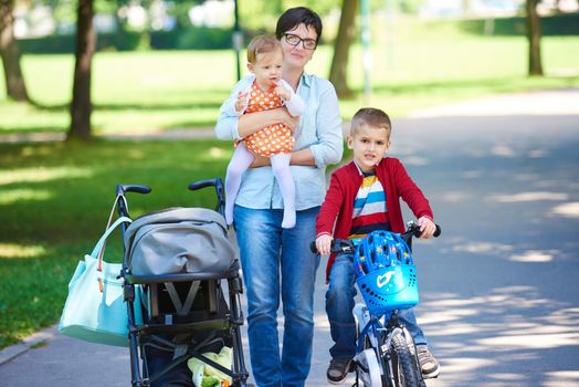 portrait of happy young family,  mother and  kids have fun in park