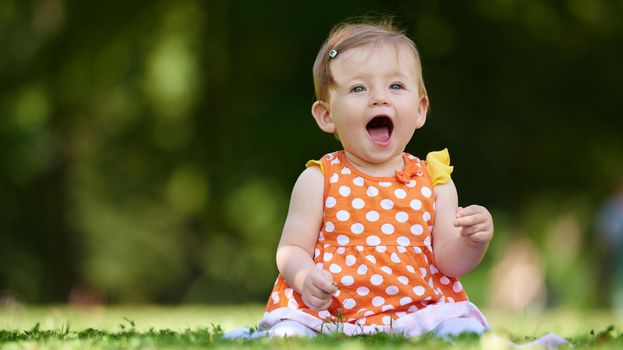 happy young baby child sittng on grass on beautiful summer day in park