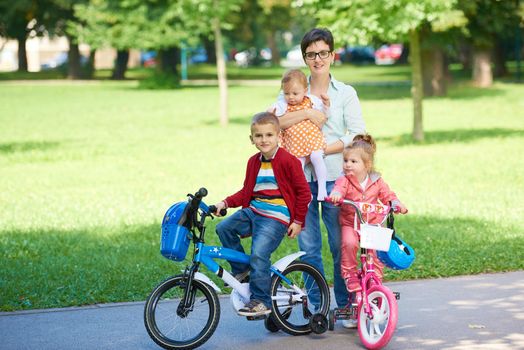 portrait of happy young family,  mother and  kids have fun in park