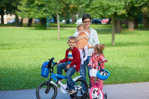 portrait of happy young family,  mother and  kids have fun in park