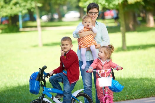 portrait of happy young family,  mother and  kids have fun in park