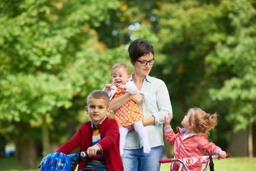 portrait of happy young family,  mother and  kids have fun in park