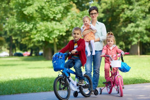 portrait of happy young family,  mother and  kids have fun in park