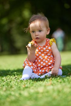 happy young baby child sittng on grass on beautiful summer day in park