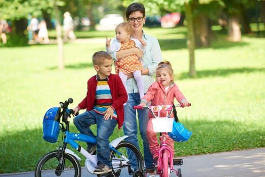 portrait of happy young family,  mother and  kids have fun in park