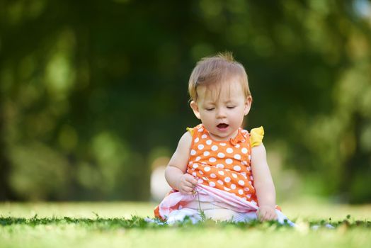 happy young baby child sittng on grass on beautiful summer day in park