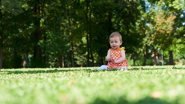 happy young baby child sittng on grass on beautiful summer day in park